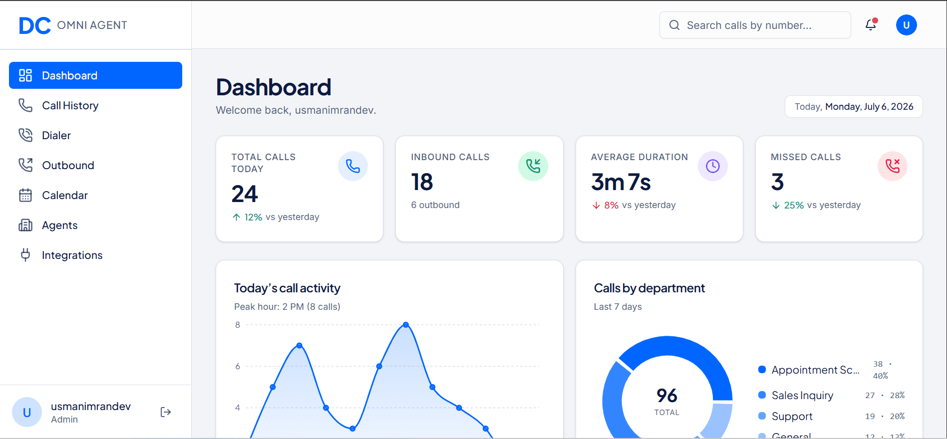 Loop Agent interface — AI voice · multi-tenant call operations
